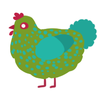 A chartreuse and turquoise chicken with a speckle pattern