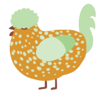 A orange and gluppy chicken with a speckle pattern