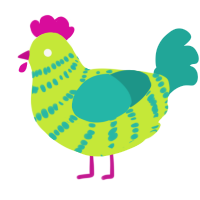A lime and turquoise chicken with a bar pattern