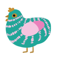 Astra, a turquoise and pink chicken with a bar pattern