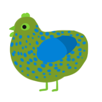 A chartreuse and sapphire chicken with a speckle pattern