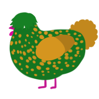 A leaf and ochre chicken with a speckle pattern