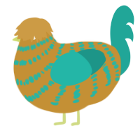 A gold and turquoise chicken with a bar pattern