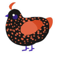 Spooky, a sable and vermilion chicken with a speckle pattern