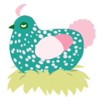 A turquoise and rose chicken with a speckle pattern