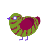 A chartreuse and maroon chicken with a bar pattern