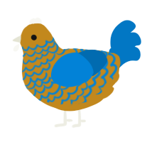 A ochre and sapphire chicken with a lace pattern