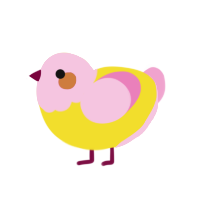 A yellow and pink chicken with a head pattern