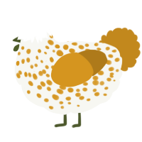 A white and ochre chicken with a speckle pattern