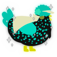 A black and turquoise chicken with a speckle pattern