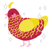 A crimson and yellow chicken with a lace pattern