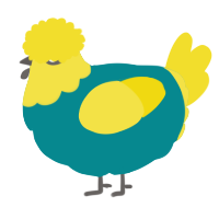 A teal and yellow chicken with a head pattern