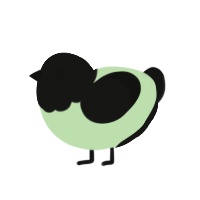 A gluppy and black chicken with a head pattern