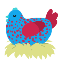 A sky and crimson chicken with a speckle pattern