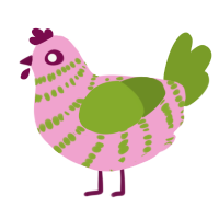 A pink and chartreuse chicken with a bar pattern