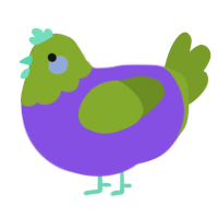 A blurple and chartreuse chicken with a head pattern