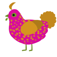 A fuchsia and ochre chicken with a speckle pattern