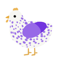 Outside the Binary, a white and blurple chicken with a speckle pattern