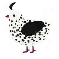 sua, a white and black chicken with a speckle pattern