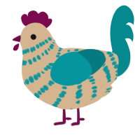 A beige and teal chicken with a bar pattern