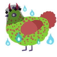 A grass and red chicken with a speckle pattern