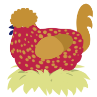 A crimson and gold chicken with a speckle pattern