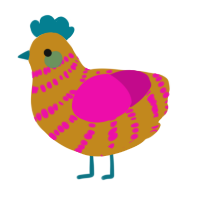 A ochre and fuchsia chicken with a bar pattern