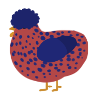 A red and navy chicken with a speckle pattern