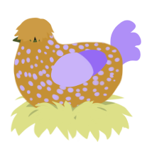 A gold and lilac chicken with a speckle pattern
