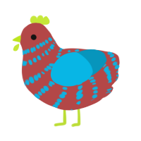 A red and cerulean chicken with a bar pattern