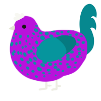 A amethyst and teal chicken with a speckle pattern