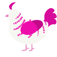 A white and fuchsia chicken with a half-bar pattern