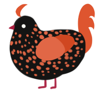 Hallo, a black and vermilion chicken with a speckle pattern