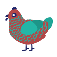 A red and turquoise chicken with a lace pattern