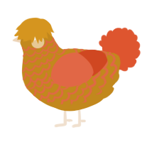 A ochre and vermilion chicken with a lace pattern