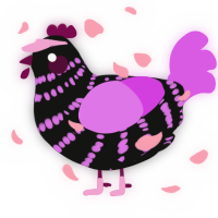 A black and orchid chicken with a bar pattern