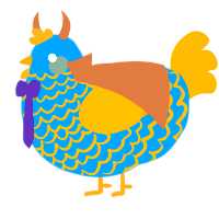 A sapphire and ochre chicken with a lace pattern