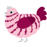 A rose and maroon chicken with a bar pattern
