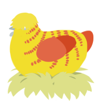 A yellow and vermilion chicken with a half-bar pattern