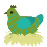 A chartreuse and turquoise chicken with a bar pattern