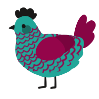 A turquoise and maroon chicken with a lace pattern