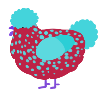A crimson and aqua chicken with a speckle pattern