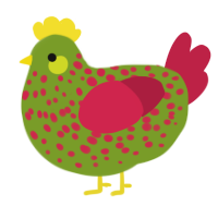 A chartreuse and crimson chicken with a speckle pattern