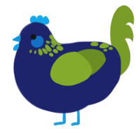 A navy and chartreuse chicken with a neck-speckle pattern