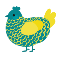 A teal and yellow chicken with a lace pattern