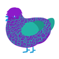 A violet and turquoise chicken with a double-lace pattern