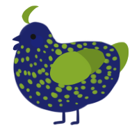 A navy and chartreuse chicken with a speckle pattern