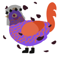 A blurple and vermilion chicken with a lace pattern