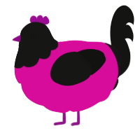 A fuchsia and black chicken with a head pattern