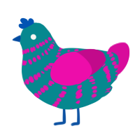 A teal and fuchsia chicken with a bar pattern